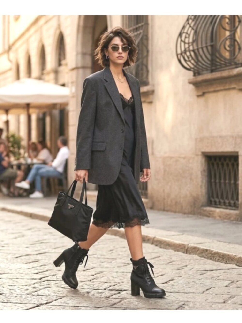 Prada Re-Nylon & Leather Block Heel Triangle Logo Lace Up Platform Ankle Boots